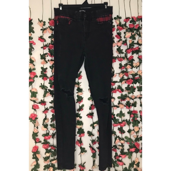 Hot Topic Distressed Black Jeans Ripped Knees Plaid Top Design High Waist - Picture 1 of 13